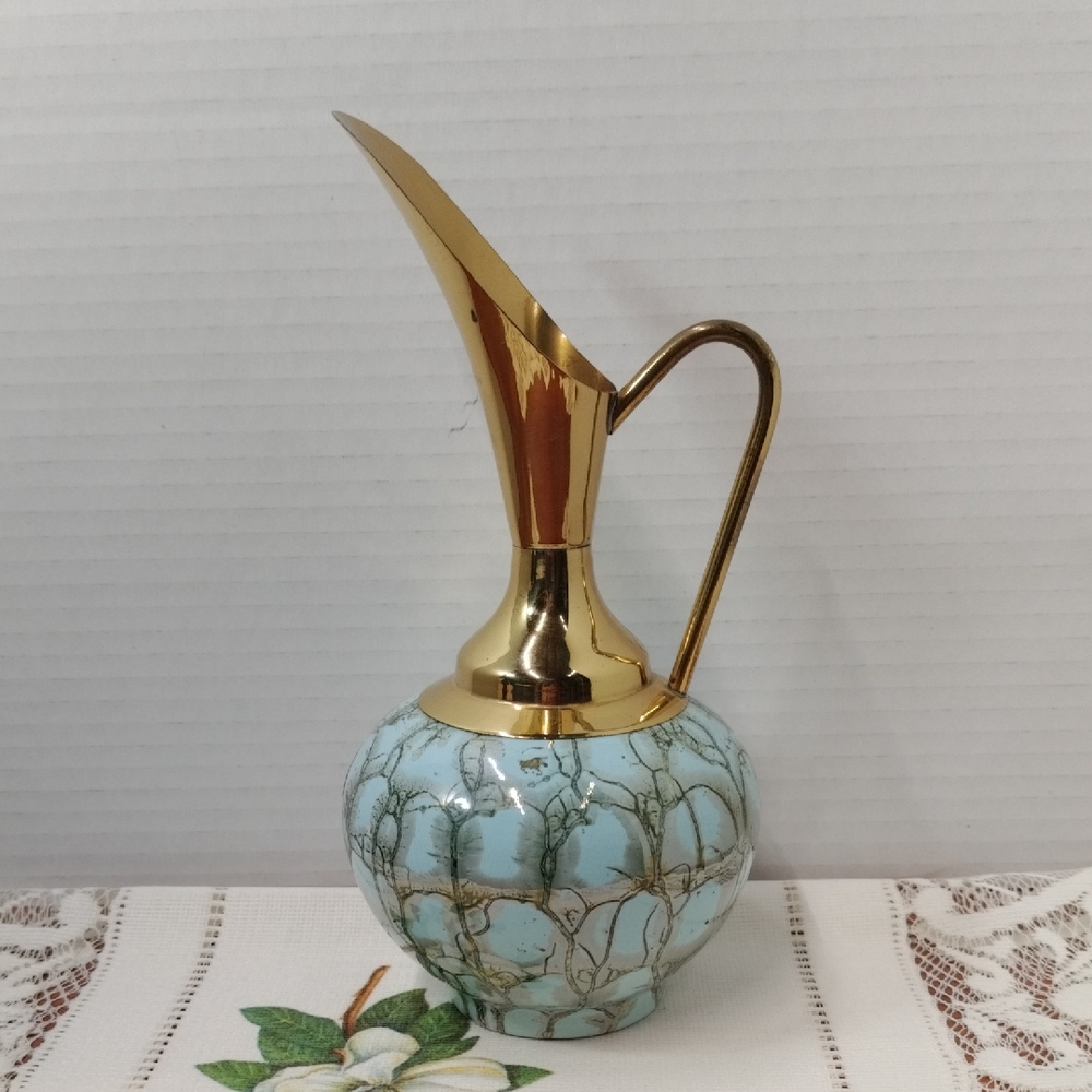 Vintage Delft Holland Brass and Marbled Aqua Green Hand Painted Pitcher
